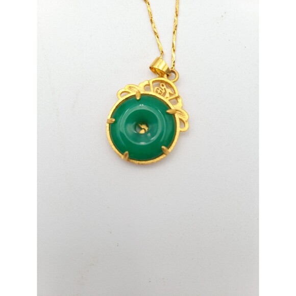 Green Jade Gold Tone Dragon Pendant On 18k Gold Electroplated Chain Necklace - Picture 7 of 10